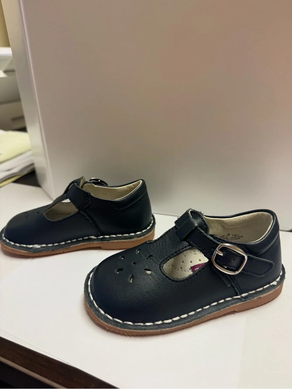 L'Amour Navy T-Strap Kids Dress Shoes with Buckle